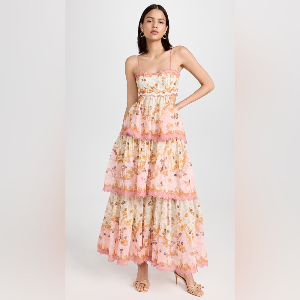 Zimmermann ‘Laurel Frill Midi Dress’ Pink Green Floral Size US 8 / AU 2 / Medium